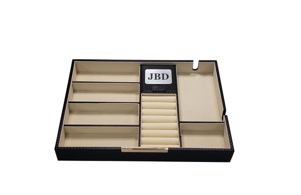 Personalized Black Carbon Valet Tray Glasses Case Phone Organizer Desk Dresser Drawer Coin Case Charging Station